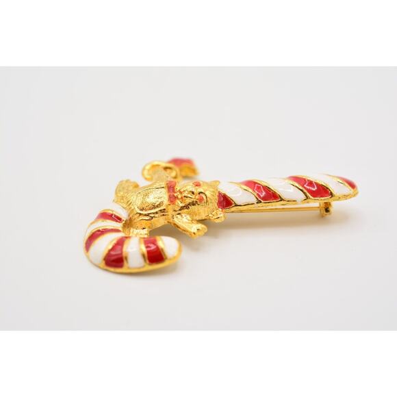 Vintage Christmas Candy Cane Pin Brooch Red White Enamel Gold Teddy Bear Bin7 - Picture 8 of 12